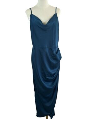 Satin Cowl Neck Midi Dress in Navy Blue